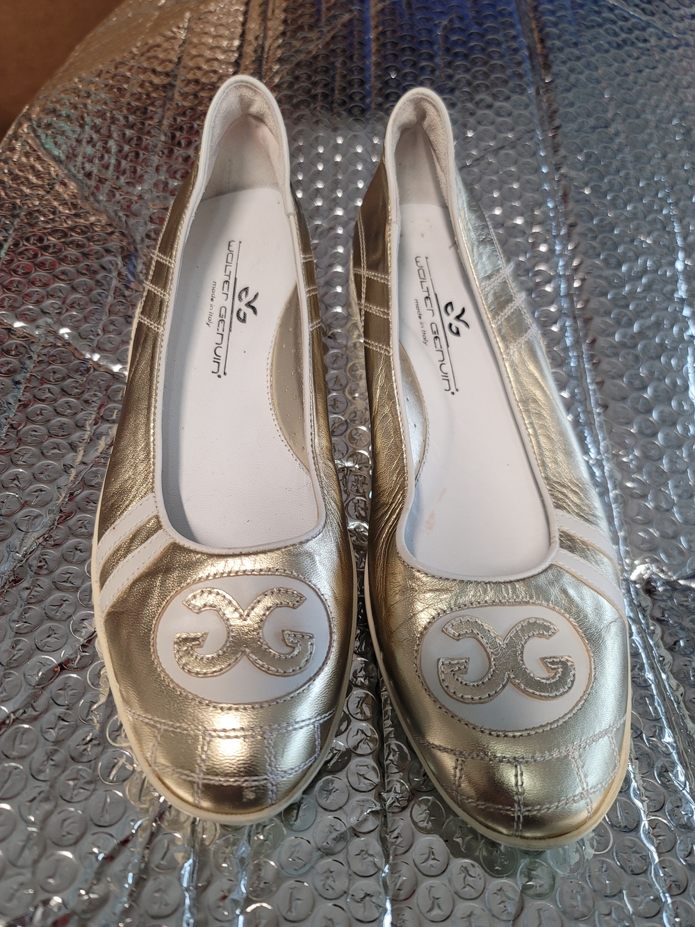 Walter Genuin Metallic Gold Ballet Flats with White Emblem
